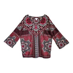 CHICO'S 3 Women's XL Top Red Black Bohemian Paisley V-Neck 3/4 Sleeve 44"